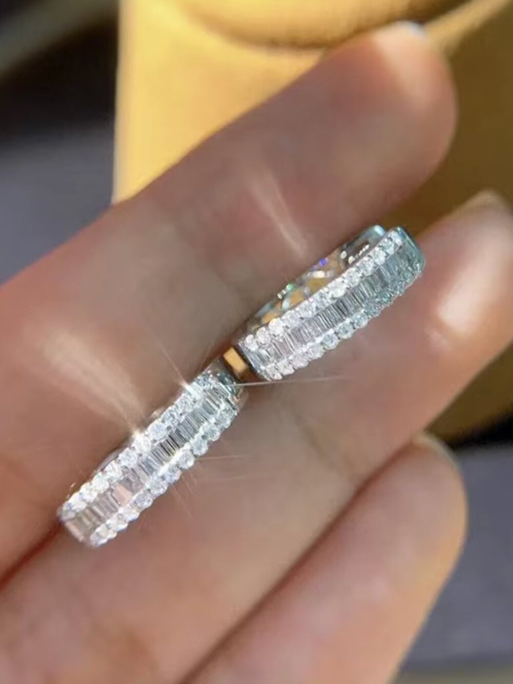 18k White Gold Diamond Baguette Cut Small Hoop Huggie Earrings